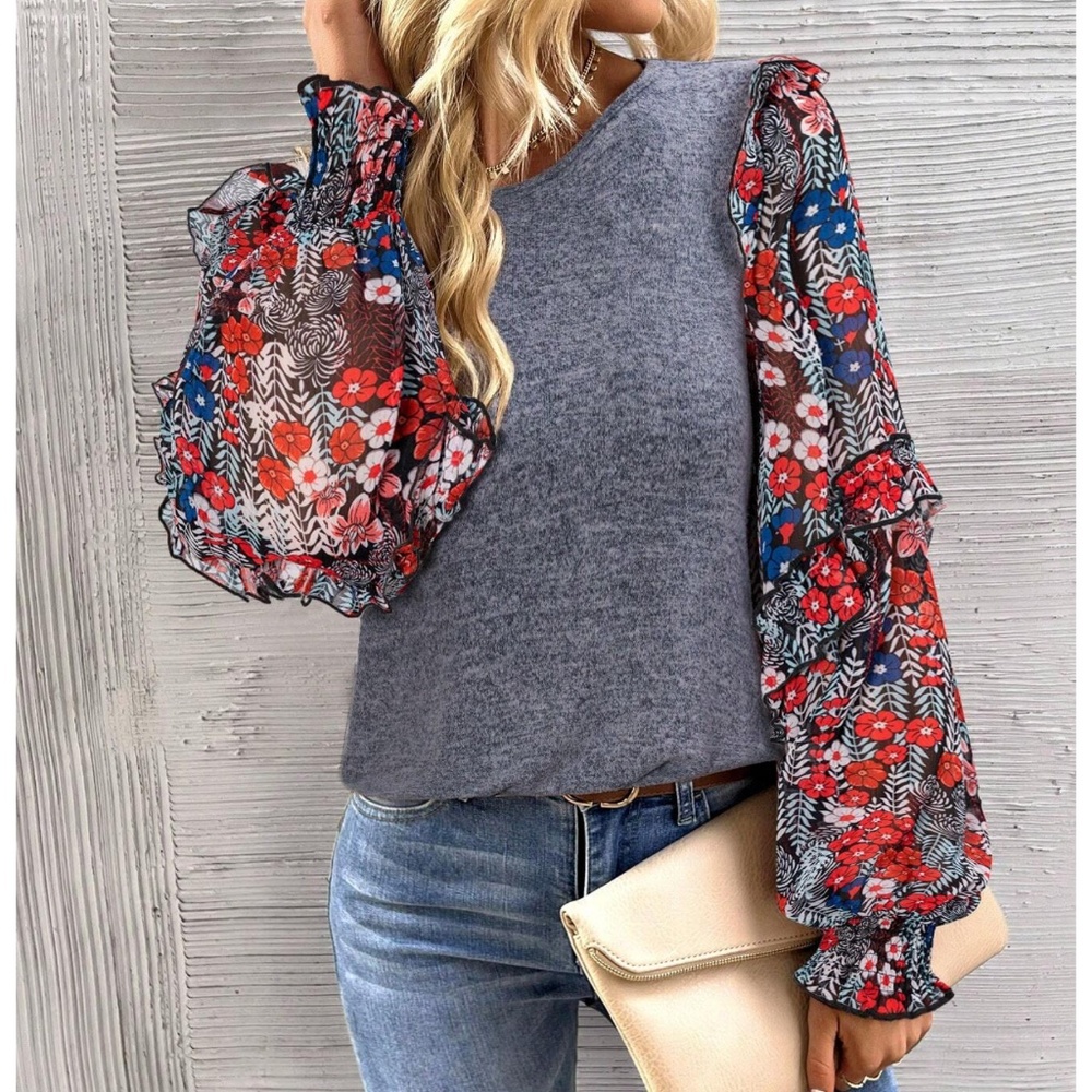 Boho Floral Print Ruffle Long sleeve Top- M/L
